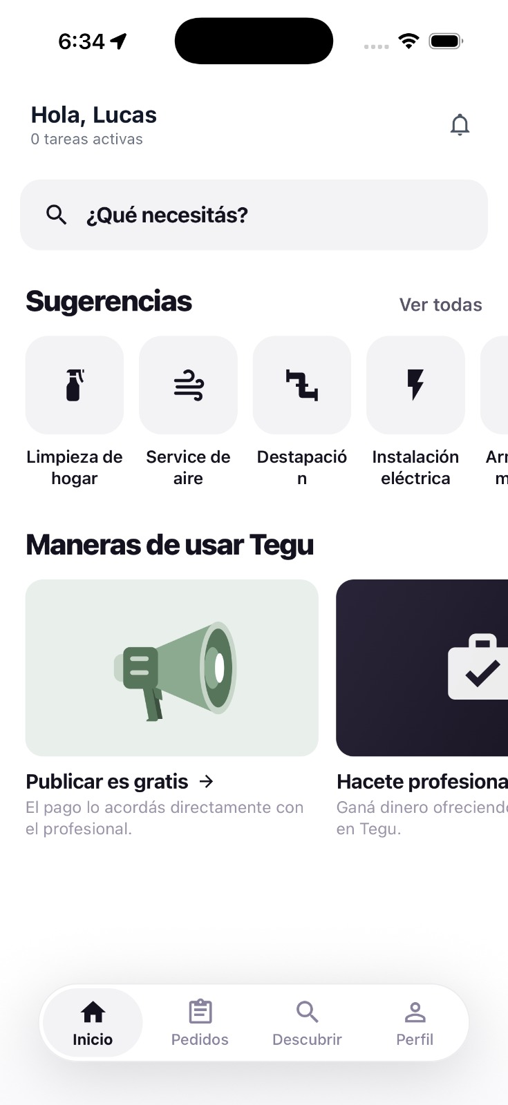 Home de la app de Tegu después del rediseño