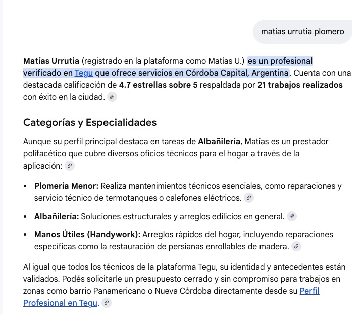 La respuesta de Google a la búsqueda por Matías: "es un profesional verificado en Tegu", 4,7 estrellas sobre 5 respaldadas por 21 trabajos realizados con éxito, con sus categorías y los barrios donde trabaja