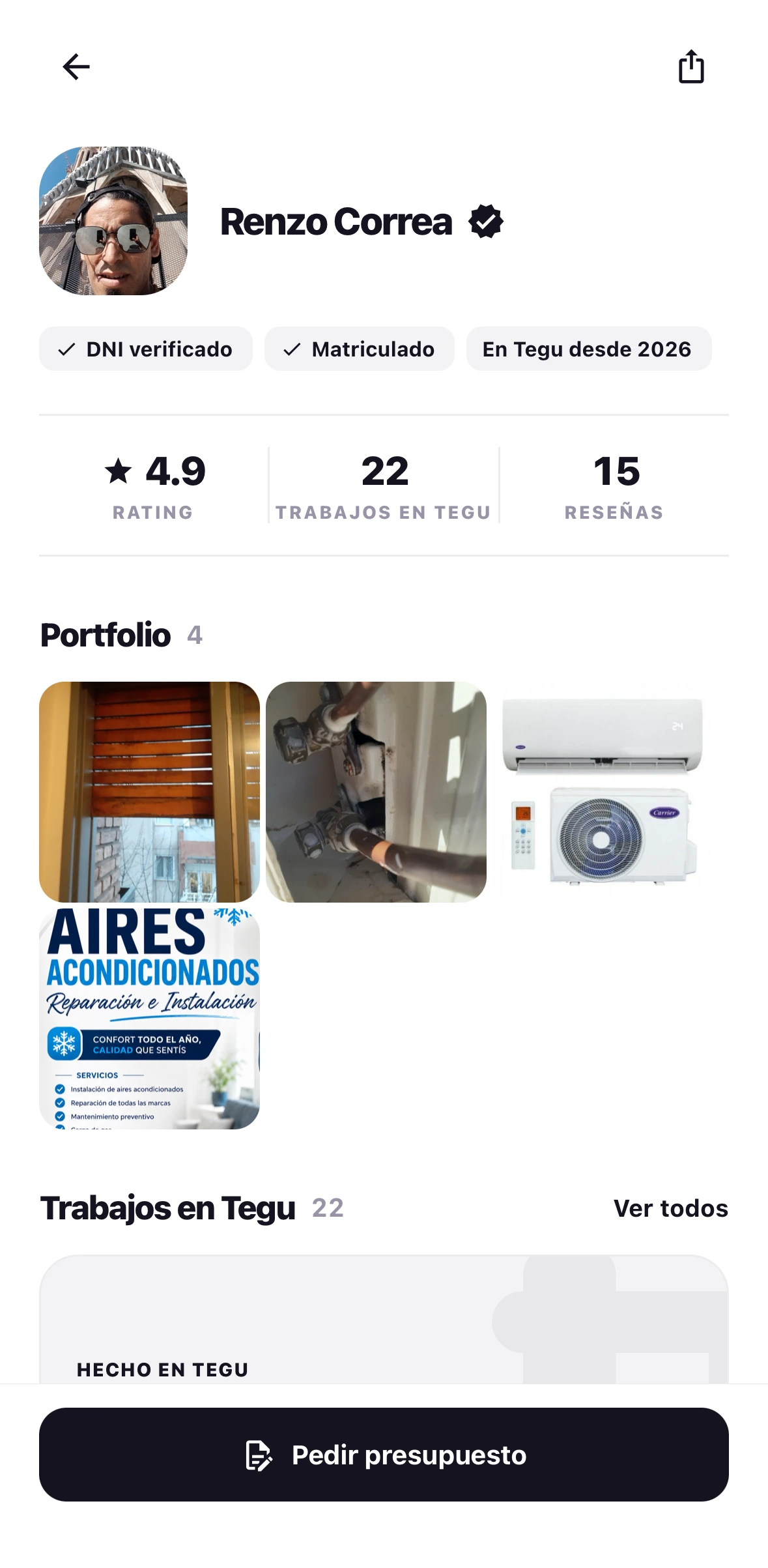 El perfil público de Renzo Correa en Tegu: DNI verificado, matriculado, en Tegu desde 2026, 4,9 de rating, 22 trabajos y 15 reseñas