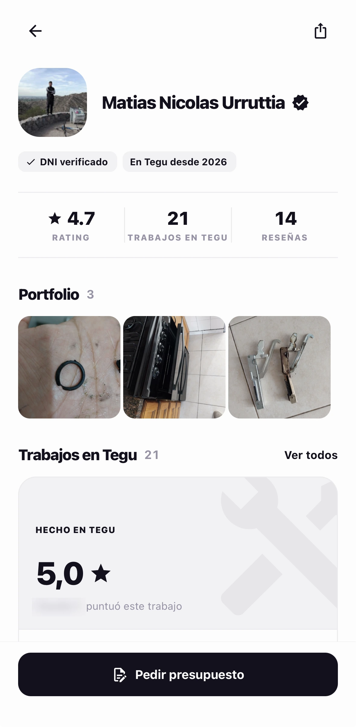 El perfil público de Matías Urruttia en Tegu: DNI verificado, en Tegu desde 2026, 4,7 de rating, 21 trabajos y 14 reseñas